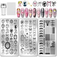 3pcs Retro Lady Portrait Nail Stamp Plates Bow Tie Nail Arts Templates Lace Ribbon Nails Art Stencils Vintage Style Nails Image