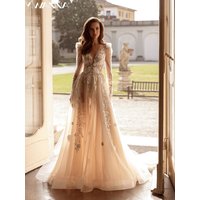 Sexy Backless Illusion Wedding Dress Classic Lace Applique Bride Robe Romantic Puff Sleeve Bridal Gown Customized Robe De Mariée