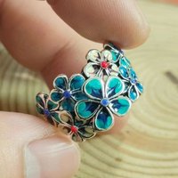 Blue Enamel Floral Rings, Bohemian Vintage Adjustable Index Finger Ring for Women, Ethnic Finger Jewelry
