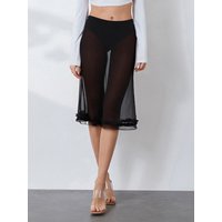 Women's Midi Skirt See Through Low Rise Ruffled Hem Dot Pattern White and Black Sheer Skirt