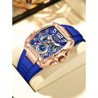 2025 LIGE New Men's Watch Multi Functional Quartz Rectangular Golden Sports Clock Casual Fashion Silicone Strap Men Watch+Box