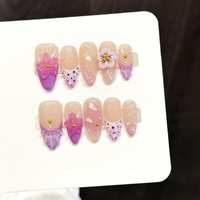 10PCS Almond Handmade Press On Nails,Gentle Pink Purple Flowers, Girlish Style, White And Versatile,Suitable For Daily Wear.