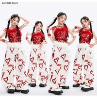 Girls K-pop Sequin Crop Top Love Street Dance Pants Kids Hip Hop Jazz Clothes Sets Children Streetwear Sweet Girl Group Costume