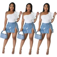 Spliced Denim Skirts Solid Distressed Ripped Button Slim Women Mini Dress Sexy Wrap Buttocks High Street 2025 Pencil Washed