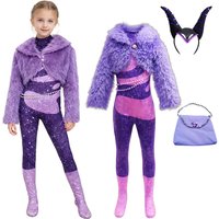 Mädchen Lila Jumpsuit 2-Teiliges Set Mit Kunstfell-Kurzjacke Star-Sängerin Gazelle Cosplay-Kostüm Kinder Halloween-Party Faschingsoutfit