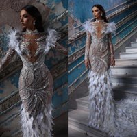 Exquisite Beading Pearls Wedding Dresses Feather High Neck Bridal Gowns See Through Mermaid Customized Bride Vestidos De Novia