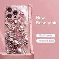 Pink Pearl Diamond Floral Pattern Phone Case for iPhone 17 16e 16 15 14 13 12 Mini 11 Pro XS Max XR X Air Plus Luxury Tempered