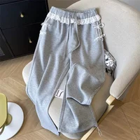 Gray Lace Patchwork Sweatpants Women High Waist Sweet Trousers Korean Fashion Loose Female Elegant All Match Wide Leg Pants