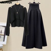 2026 Spring Autumn New Korean Elegant Knit Tassel Cover Up+Half High Collar Bottom Sweater+Midi Skirt 3 Piece Women Dress Suit