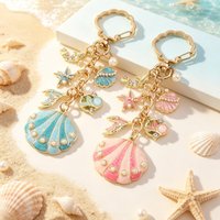 1pc Fancy Big Pearl Shell Starfish Fish Tail Enamel Keychain Pretty Ocean Summer Life Key Ring for Friends Handmade Good Gift