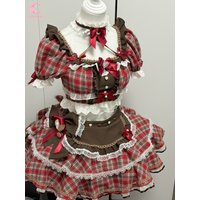 Japanese Sweet Plaid Bow 2 piece Set Women Square Neck Lace Bow Top High Waist Puffy Skirt Cute Lolita Tea Party Outfit Summer