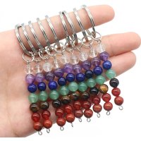 4pcs/Set Natural Stone Crystal Quartz Seven Chakra Beads 25mm Metal Car Keychain Luggage Pendant Diy Jewelry Making Accessories