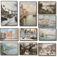 Seine River in Paris Rustic European CIty Venice Canvas Painting Amsterdam Italian Landscape Poster Wall Print Home Decor