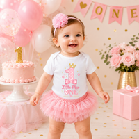 3Pcs Pink Princess 1st Birthday Outfit for Baby Girls - "Little Miss One" Print Bodysuit + Tulle Tutu Skirt + Flower Headband Ca