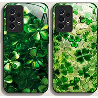 Luxurious Green Four-leaf Clover Flower Tempered Glass Phone Case for Samsung Galaxy S26 S25 Ultra S24 S23 Plus S22 FE 5G Cover