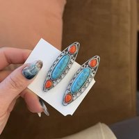 Retro Ethnic Style Imitation Turquoise Hairpin, Personalized Silver Alloy Hair Clip, Side Clip, Mongolian Hairpin Headwear