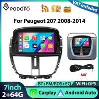 Radio samochodowe Podofo 7'' 2+64G do Peugeot 207 2008-2014, odtwarzacz multimedialny z Carplay, Android Auto, nawigacją GPS, WIFI, FM/RDS, USB, Mirror Link, audio samochodowe