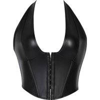 Sexy leather collar neck front plug back strap fitted corset with a waistband and a tight fit on the chest