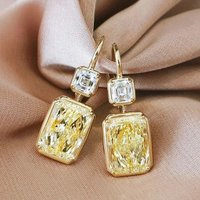 Huitan Simple Stylish Square Yellow Cubic Zirconia Hook Earrings Luxury Gold Color Women's Wedding Drop Earrings Fashion Jewelry