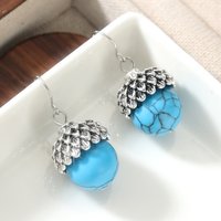 Creative Vintage Nut Shaped Turquoise Dangle Earrings For Women Aesthetics Silver Color Earrings Simple Cute Jewelry Gift