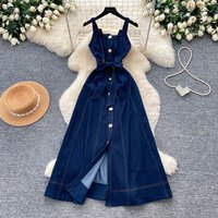 Women Denim Dresses Solid Dress Button Zipper Lace Up Camisole Square Collar Sleeveless Cinched Waist Casual Loose 2026 Summer