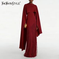 TWOTWINSTYLE Elegant Luxury Dinners Red Maxi Dress for Women Sleeveless Cape Design Full Fringe Skirt for Fashion Parties Events