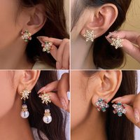 Colorful Christmas Snowflake Zircon Crystal Pearl Earrings Stud For Women Dangle Hook Jewelry Xmas Party Gift