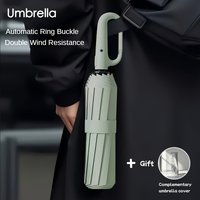 Carabiner Clip, Portable, Hands-free, Automatic Folding Umbrella. Features Reinforced Thickened Windproof Ribs and Canopy