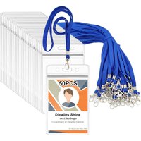 Pack of 50 clear plastic vertical name tag/ID card holders, with blue neck strap and rotating hook, PVC card holders.