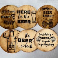 2D Flat, 6pcs Beer Themed Wooden Coaster - Hand Washable, Heat-resistant, Non Slip Beverage Mat for Home Office Decor Home Gifts