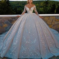 Luxury Crystals Princess Wedding Dresses 2025 Off The Shoulder Long Sleeve Shiny Beaded Sequins Lace Ball Gown Bridal Dress