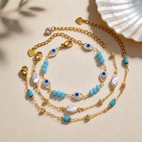 Turkish Eye Bracelet for Women Stainless Steel Turquoise Beads Chain Pearl Lucky Charm Protection Amulet Summer Gift