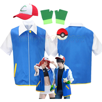Neuartiges Anime-Trainer-Rollenspiel-Kostüm Ash Ketchum Ostern Halloween Disfraz Karnevalsparty Blaue Jacke Hut und Handschuh Set Bühnenkostüm