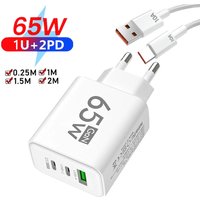65W USB C GaN Charger 3 Ports Fast Charging Adapter 10A USB To Type C Data Cable PD USB QC3.0 Chargers for iPhone Samsung Xiaomi