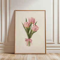 Pink Tulip Floral Wall Art Canvas with Frame, Minimalist Flower Painting for Living Room Bedroom Home Decor Modern Nordic Sty