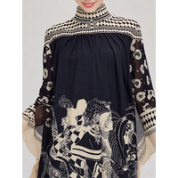 Lapel Three Quarter Sleeve Retro Printing V Neck Dress Autumn Elegant Women Loose Party Dress Femme Lacing Up Maxi Dress Vestido