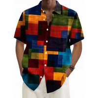 Men's Shirt Geometric Grid 3D Print Short Sleeve Shirts Summer Hawaiian Shirt Casual Outdoor Vacation Lapel Shirt Men's Clothing
