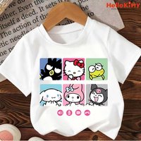 2026 Cute Hello Kitty T-Shirt Set Kids Clothes Girls Summer Y2K Loose Short Sleeve Top Female Dark Print Sweet Harajuku Clothes