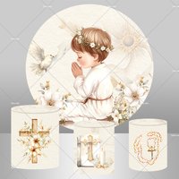 God Bless Boys Baptism Round Backdrop Cream Color Flower Pigeon First Holy Communion Photography Backgrounds Cylinder Covers