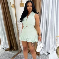 Doyerl Striped Print Two Piece Outfits Woman Summer Clothes Sleeveless Single-breasted Notched Vest Top and Puff Mini Skirt Sets
