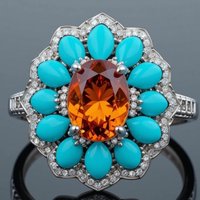 Ethnic Inlaid Imitation Turquoise CZ Flower Women's Ring Vintage Silver Color Geometry Daily Wear Party Jewelry Anniversary Gift