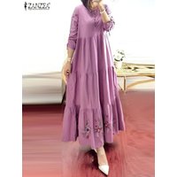 ZANZEA Woman Fashion Abaya Kaftan Muslim Dress Casual Ruffles Hem Maxi Robe Elegant Party Floral Printed Sundress Oversized