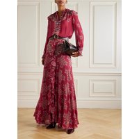 Vintage Flower Print Chiffon Skirt Two Piece Set Women Fold Ruffles Shirt Long Skirts 2 Piece Sets Fashion Streetwear Female