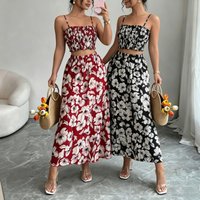 Women's 2 Piece Floral Print Outfit Spaghetti Strap Ruffle Crop Top High Waist Flowy Midi Skirt Summer Beach Vacation Casual Set
