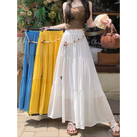 Boho Summer Cotton-Linen Midi Skirt: Flowy A-Line Pleated Long Skirt with Slimming Fit & Hip-Hiding Design for Resort Vacations