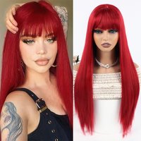 Long straight hair red 26-inch synthetic wig for Halloween cosplay, daily party, wig for hot weather, wig headband