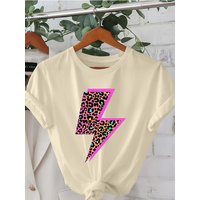 Women's Cheetah and Neon Lightning Pattern T-Shirt Women's Short-Sleeved Round Neck Casual Top Cheetah Print Clothing