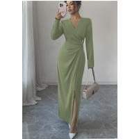 Minimalist Style V-Neck Long-Sleeve Wrap Dress, Avocado Green Waist-Cinching Pleated Slit Design Long Dress, European and American Light Luxury Style for Work and Date Wear