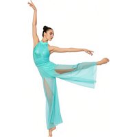 Women Adult Shimmery Ballet Gymnastics Contemporary Lyrical Dance Unitards Sequin Bodice Strappy Mesh Split Wide-Leg Jumpsuit