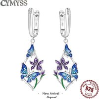 Original 925 Sterling Silver Gradient Blue Butterfly Floral Dangle Huggie Earrings Fine Jewelry Gift for Women Girls Daily Party
